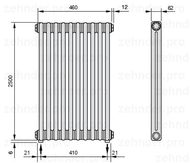 Схема (чертеж) Радиатор Zehnder Charleston 2250/10 №5310 Белый глянцевый RAL 9016